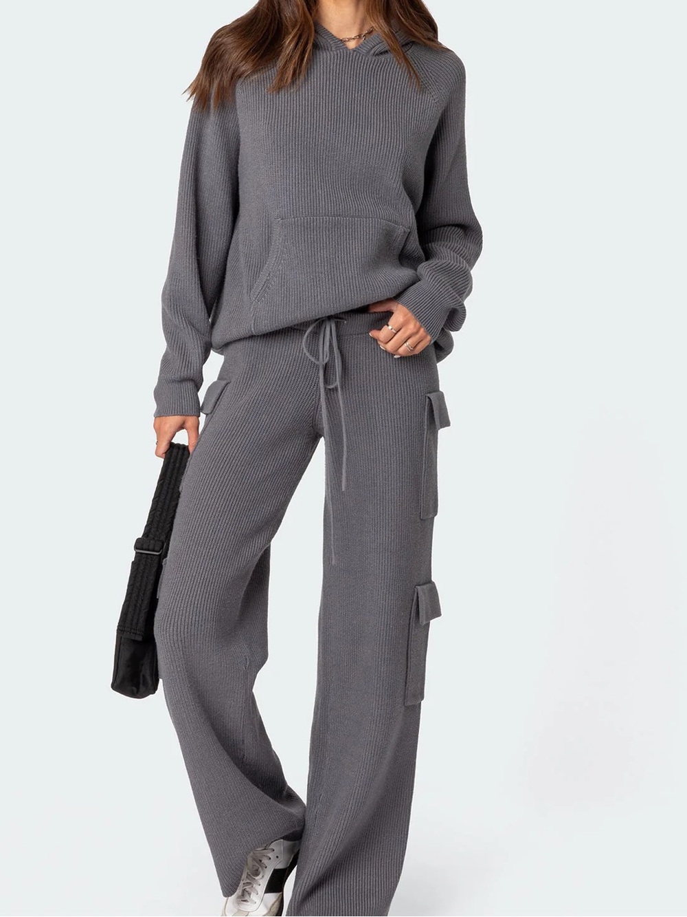 Knit *SET* - Gray Knit Cargo Wide-Leg Pants & Knit Hoodie